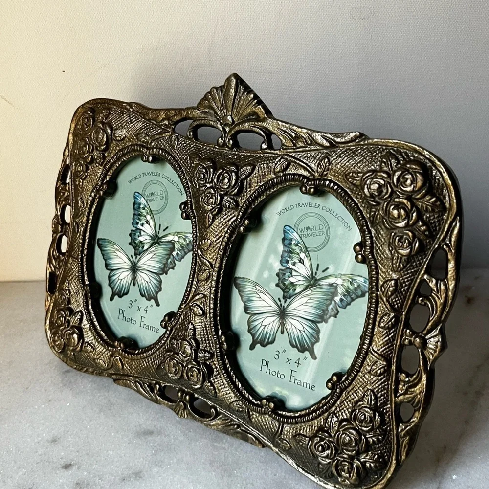 Gold ornate Double Photo Frame metal or brass for 3”x4” photo
